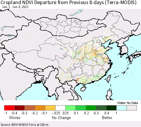 China, Mongolia and Taiwan Cropland NDVI Departure from Previous 8-days (Terra-MODIS) Thematic Map For 1/1/2023 - 1/8/2023