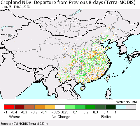 China, Mongolia and Taiwan Cropland NDVI Departure from Previous 8-days (Terra-MODIS) Thematic Map For 1/25/2023 - 2/1/2023