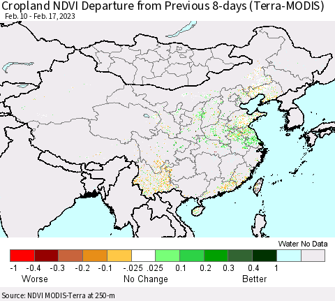 China, Mongolia and Taiwan Cropland NDVI Departure from Previous 8-days (Terra-MODIS) Thematic Map For 2/10/2023 - 2/17/2023