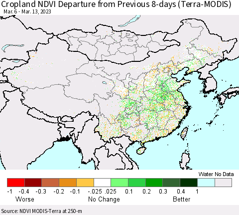 China, Mongolia and Taiwan Cropland NDVI Departure from Previous 8-days (Terra-MODIS) Thematic Map For 3/6/2023 - 3/13/2023