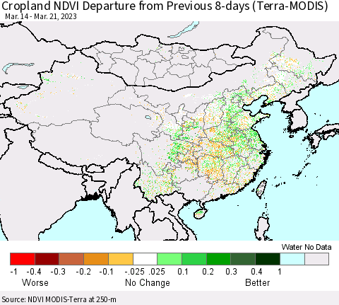 China, Mongolia and Taiwan Cropland NDVI Departure from Previous 8-days (Terra-MODIS) Thematic Map For 3/14/2023 - 3/21/2023
