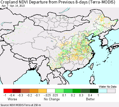 China, Mongolia and Taiwan Cropland NDVI Departure from Previous 8-days (Terra-MODIS) Thematic Map For 4/7/2023 - 4/14/2023
