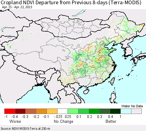 China, Mongolia and Taiwan Cropland NDVI Departure from Previous 8-days (Terra-MODIS) Thematic Map For 4/15/2023 - 4/22/2023