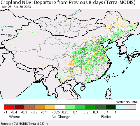 China, Mongolia and Taiwan Cropland NDVI Departure from Previous 8-days (Terra-MODIS) Thematic Map For 4/23/2023 - 4/30/2023