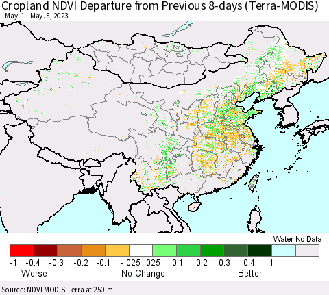China, Mongolia and Taiwan Cropland NDVI Departure from Previous 8-days (Terra-MODIS) Thematic Map For 5/1/2023 - 5/8/2023