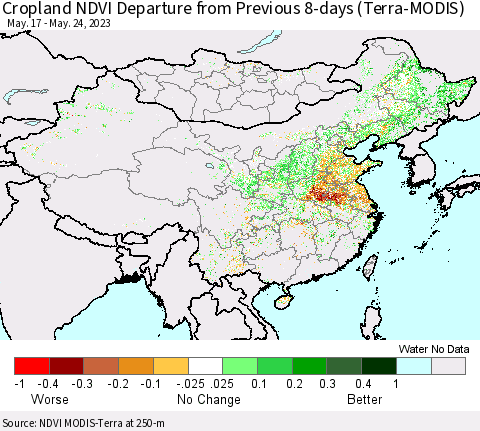 China, Mongolia and Taiwan Cropland NDVI Departure from Previous 8-days (Terra-MODIS) Thematic Map For 5/17/2023 - 5/24/2023