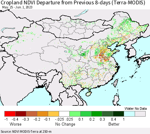 China, Mongolia and Taiwan Cropland NDVI Departure from Previous 8-days (Terra-MODIS) Thematic Map For 5/25/2023 - 6/1/2023