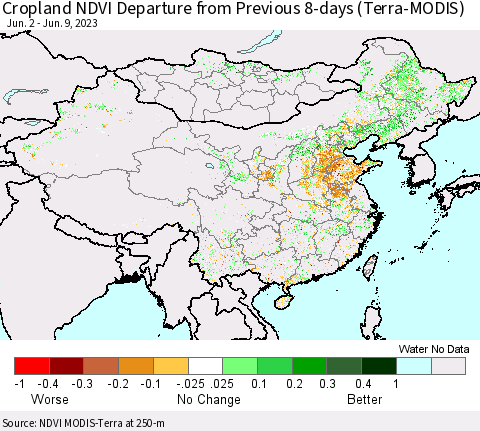 China, Mongolia and Taiwan Cropland NDVI Departure from Previous 8-days (Terra-MODIS) Thematic Map For 6/2/2023 - 6/9/2023