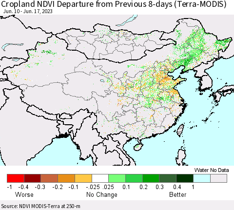 China, Mongolia and Taiwan Cropland NDVI Departure from Previous 8-days (Terra-MODIS) Thematic Map For 6/10/2023 - 6/17/2023