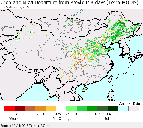 China, Mongolia and Taiwan Cropland NDVI Departure from Previous 8-days (Terra-MODIS) Thematic Map For 6/26/2023 - 7/3/2023
