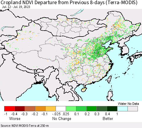 China, Mongolia and Taiwan Cropland NDVI Departure from Previous 8-days (Terra-MODIS) Thematic Map For 7/12/2023 - 7/19/2023