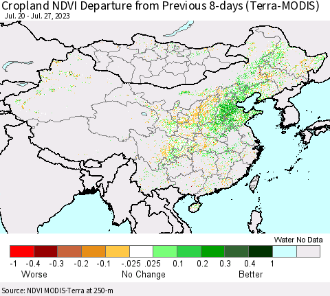 China, Mongolia and Taiwan Cropland NDVI Departure from Previous 8-days (Terra-MODIS) Thematic Map For 7/20/2023 - 7/27/2023