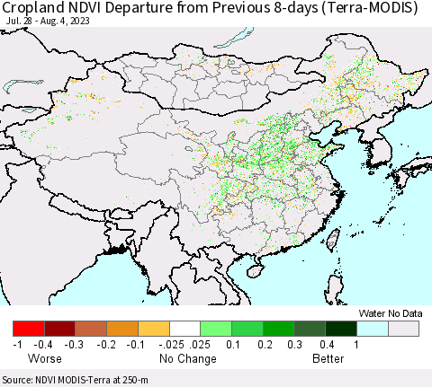 China, Mongolia and Taiwan Cropland NDVI Departure from Previous 8-days (Terra-MODIS) Thematic Map For 7/28/2023 - 8/4/2023