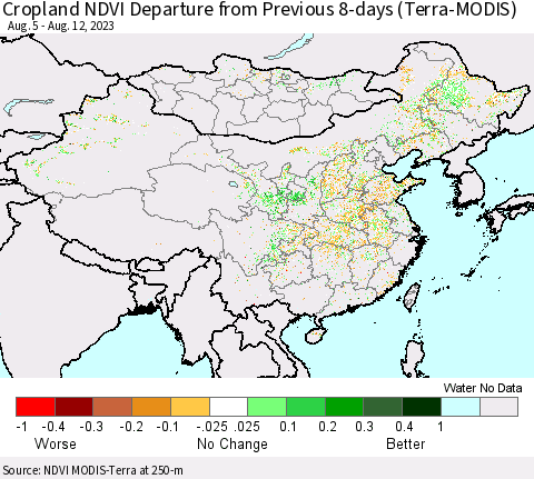 China, Mongolia and Taiwan Cropland NDVI Departure from Previous 8-days (Terra-MODIS) Thematic Map For 8/5/2023 - 8/12/2023