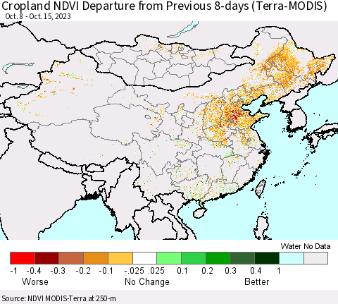 China, Mongolia and Taiwan Cropland NDVI Departure from Previous 8-days (Terra-MODIS) Thematic Map For 10/8/2023 - 10/15/2023