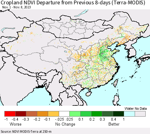 China, Mongolia and Taiwan Cropland NDVI Departure from Previous 8-days (Terra-MODIS) Thematic Map For 11/1/2023 - 11/8/2023