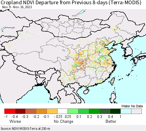 China, Mongolia and Taiwan Cropland NDVI Departure from Previous 8-days (Terra-MODIS) Thematic Map For 11/9/2023 - 11/16/2023