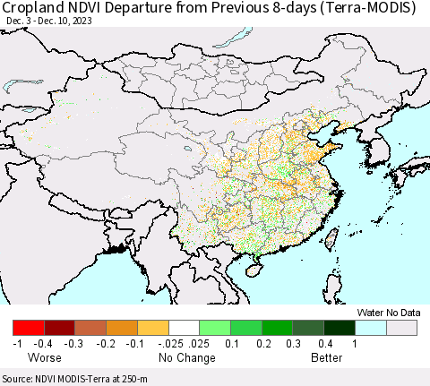 China, Mongolia and Taiwan Cropland NDVI Departure from Previous 8-days (Terra-MODIS) Thematic Map For 12/3/2023 - 12/10/2023