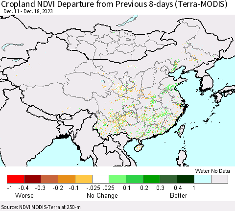 China, Mongolia and Taiwan Cropland NDVI Departure from Previous 8-days (Terra-MODIS) Thematic Map For 12/11/2023 - 12/18/2023