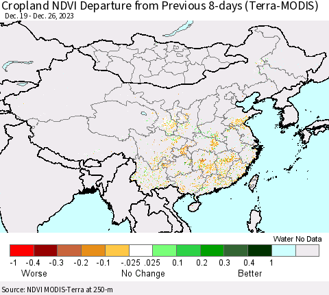 China, Mongolia and Taiwan Cropland NDVI Departure from Previous 8-days (Terra-MODIS) Thematic Map For 12/19/2023 - 12/26/2023