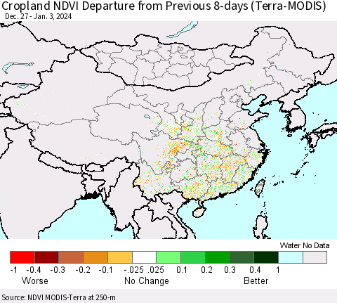 China, Mongolia and Taiwan Cropland NDVI Departure from Previous 8-days (Terra-MODIS) Thematic Map For 12/27/2023 - 1/3/2024