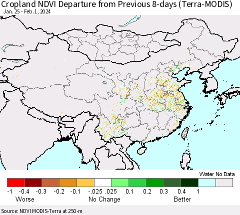 China, Mongolia and Taiwan Cropland NDVI Departure from Previous 8-days (Terra-MODIS) Thematic Map For 1/25/2024 - 2/1/2024