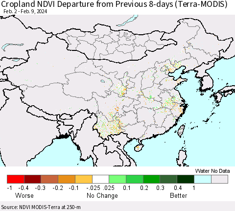 China, Mongolia and Taiwan Cropland NDVI Departure from Previous 8-days (Terra-MODIS) Thematic Map For 2/2/2024 - 2/9/2024