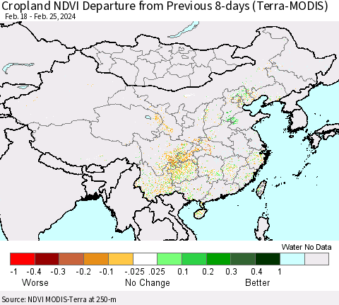 China, Mongolia and Taiwan Cropland NDVI Departure from Previous 8-days (Terra-MODIS) Thematic Map For 2/18/2024 - 2/25/2024