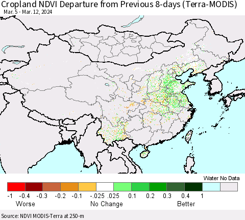 China, Mongolia and Taiwan Cropland NDVI Departure from Previous 8-days (Terra-MODIS) Thematic Map For 3/5/2024 - 3/12/2024