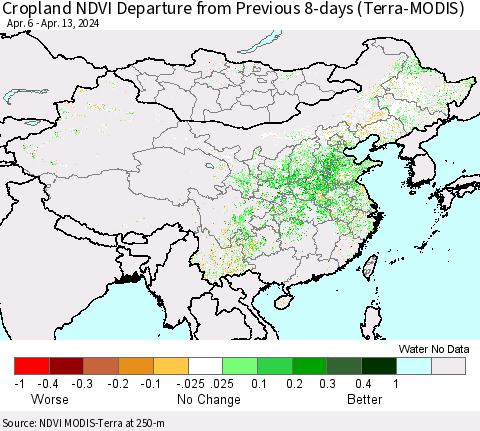 China, Mongolia and Taiwan Cropland NDVI Departure from Previous 8-days (Terra-MODIS) Thematic Map For 4/6/2024 - 4/13/2024