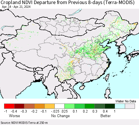 China, Mongolia and Taiwan Cropland NDVI Departure from Previous 8-days (Terra-MODIS) Thematic Map For 4/14/2024 - 4/21/2024