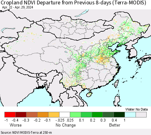 China, Mongolia and Taiwan Cropland NDVI Departure from Previous 8-days (Terra-MODIS) Thematic Map For 4/22/2024 - 4/29/2024