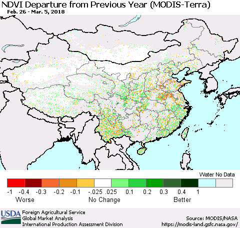 China, Mongolia and Taiwan NDVI Departure from Previous Year (Terra-MODIS) Thematic Map For 3/1/2018 - 3/10/2018