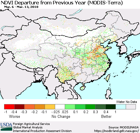 China, Mongolia and Taiwan NDVI Departure from Previous Year (Terra-MODIS) Thematic Map For 3/11/2018 - 3/20/2018
