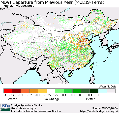 China, Mongolia and Taiwan NDVI Departure from Previous Year (Terra-MODIS) Thematic Map For 3/21/2018 - 3/31/2018