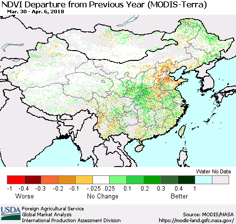 China, Mongolia and Taiwan NDVI Departure from Previous Year (Terra-MODIS) Thematic Map For 4/1/2018 - 4/10/2018
