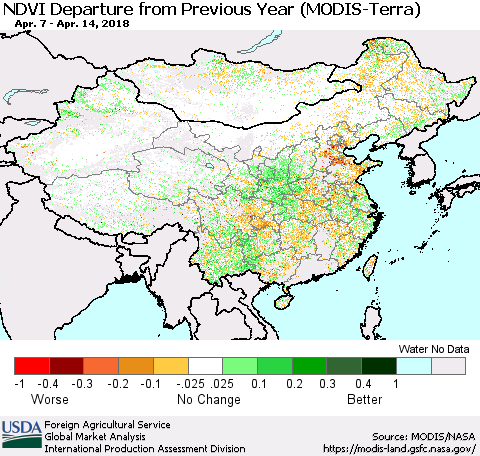 China, Mongolia and Taiwan NDVI Departure from Previous Year (Terra-MODIS) Thematic Map For 4/11/2018 - 4/20/2018