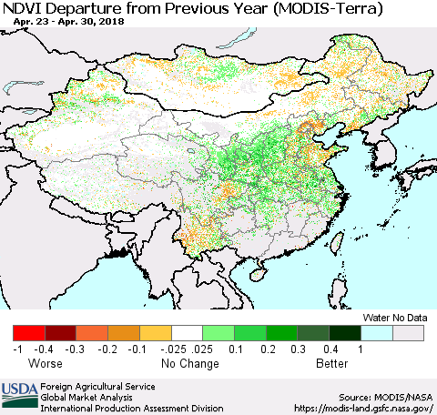 China, Mongolia and Taiwan NDVI Departure from Previous Year (Terra-MODIS) Thematic Map For 4/21/2018 - 4/30/2018