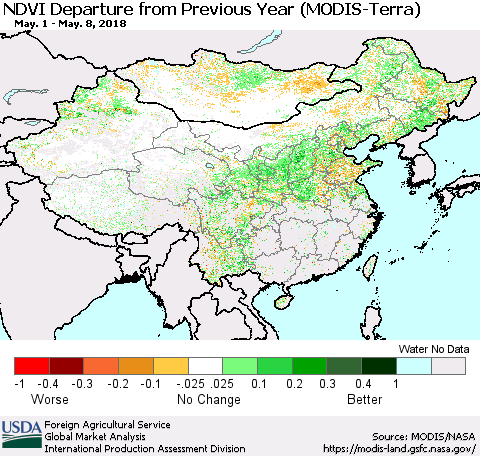 China, Mongolia and Taiwan NDVI Departure from Previous Year (Terra-MODIS) Thematic Map For 5/1/2018 - 5/10/2018