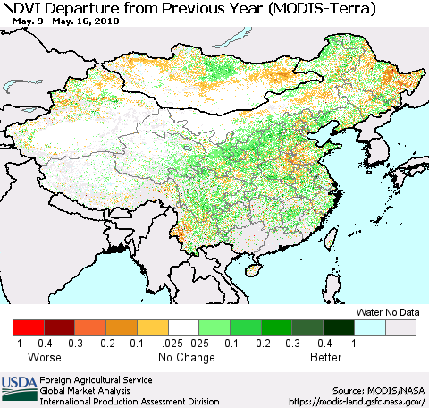 China, Mongolia and Taiwan NDVI Departure from Previous Year (Terra-MODIS) Thematic Map For 5/11/2018 - 5/20/2018