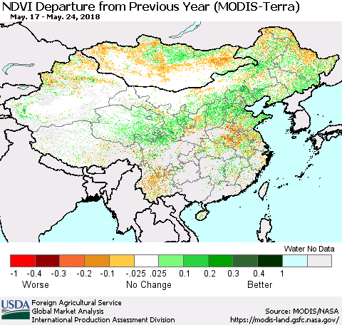 China, Mongolia and Taiwan NDVI Departure from Previous Year (Terra-MODIS) Thematic Map For 5/21/2018 - 5/31/2018
