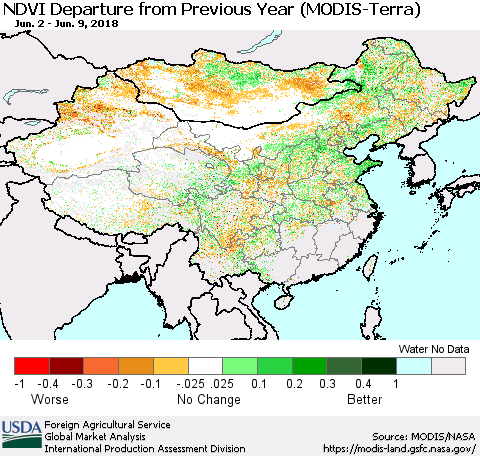 China, Mongolia and Taiwan NDVI Departure from Previous Year (Terra-MODIS) Thematic Map For 6/1/2018 - 6/10/2018
