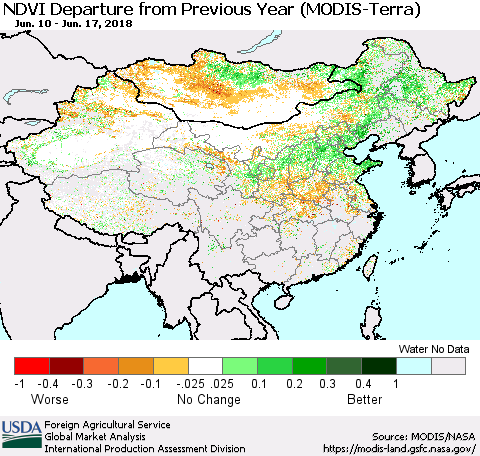 China, Mongolia and Taiwan NDVI Departure from Previous Year (Terra-MODIS) Thematic Map For 6/11/2018 - 6/20/2018