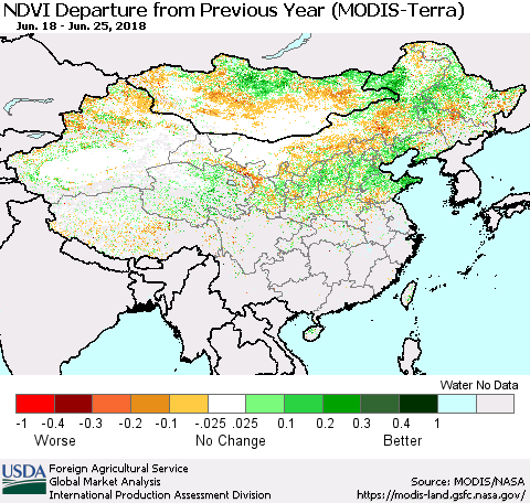China, Mongolia and Taiwan NDVI Departure from Previous Year (Terra-MODIS) Thematic Map For 6/21/2018 - 6/30/2018