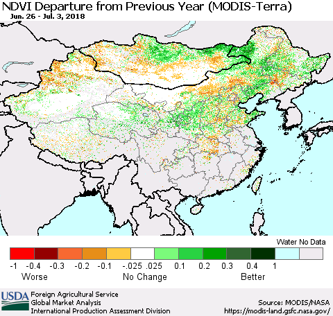 China, Mongolia and Taiwan NDVI Departure from Previous Year (Terra-MODIS) Thematic Map For 7/1/2018 - 7/10/2018