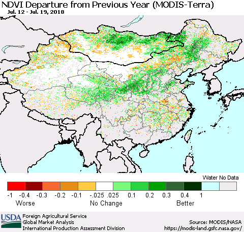 China, Mongolia and Taiwan NDVI Departure from Previous Year (Terra-MODIS) Thematic Map For 7/11/2018 - 7/20/2018