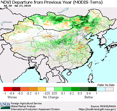 China, Mongolia and Taiwan NDVI Departure from Previous Year (Terra-MODIS) Thematic Map For 7/21/2018 - 7/31/2018