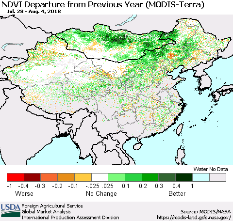 China, Mongolia and Taiwan NDVI Departure from Previous Year (Terra-MODIS) Thematic Map For 8/1/2018 - 8/10/2018