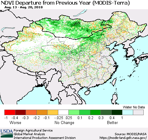 China, Mongolia and Taiwan NDVI Departure from Previous Year (Terra-MODIS) Thematic Map For 8/11/2018 - 8/20/2018