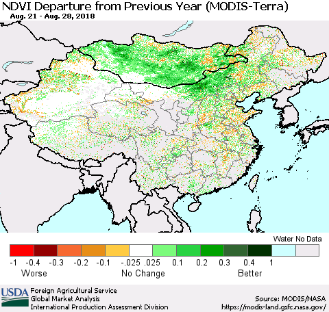 China, Mongolia and Taiwan NDVI Departure from Previous Year (Terra-MODIS) Thematic Map For 8/21/2018 - 8/31/2018
